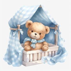 Cute watercolor teddy bear in blue bed boy illustration, teddy bears clipart