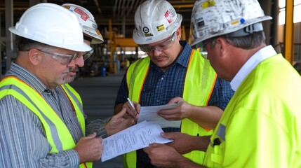 Generate a photo realistic image of safety inspectors reviewing safety permits, with permit documentation, permit issuance process, and compliance checks visible
