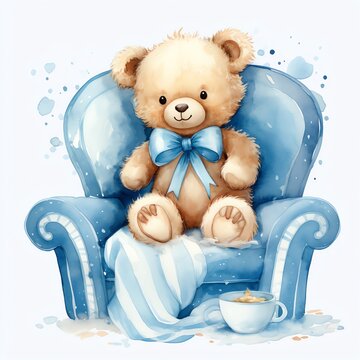 recommend clip art: Cute watercolor teddy bear in blue bed boy illustration, teddy bears clipart