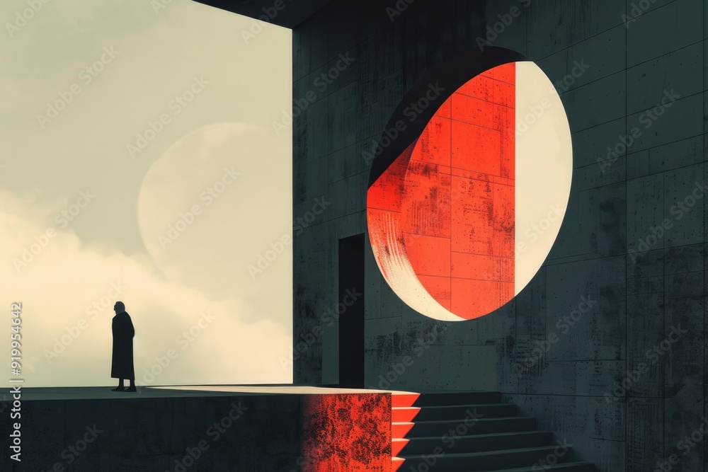 Poster a person stands in front of a big window, possibly looking outside or contemplating