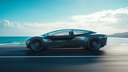 Naklejka premium A sleek modern sports car driving on a coastal road with the ocean in the background under a bright sky.