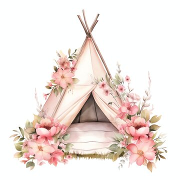 Travel Floral Boho Camping Tent Watercolor Illustration, Travel Clipart