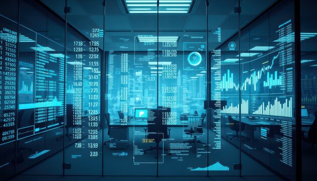 Futuristic Office Interior with Data Displays.