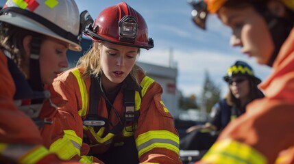 Generate a photo realistic image of workers training on emergency response procedures, with emergency response plans, communication protocols, and emergency equipment visible