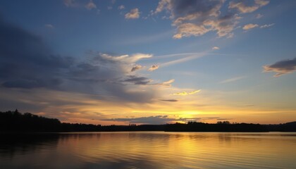 Obraz premium Golden Sunset Over Still Lake.