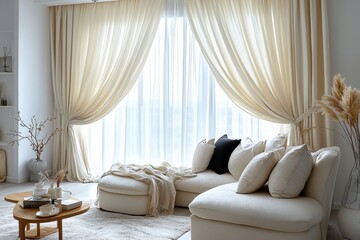 Light luxury style living room featuring warm curtains and a cozy seating area for a calming atmosphere