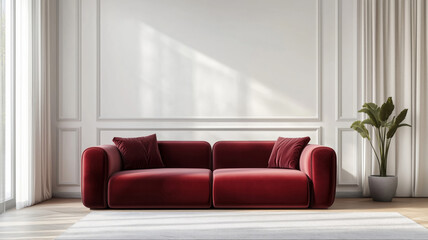 A modern minimalist living room with a dark red sofa