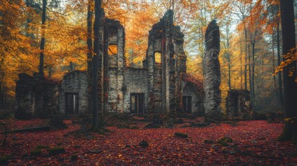 Fototapeta premium Ruins of an old building in an autumn forest 