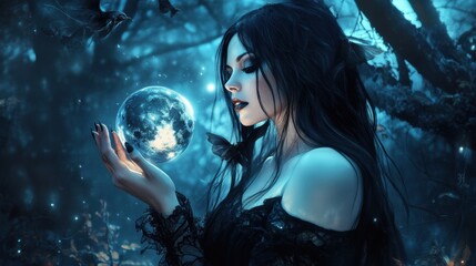 Naklejka premium Enchanting woman holding glowing orb in dark forest 