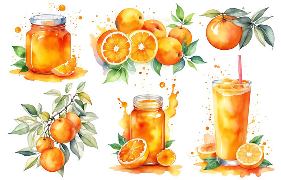 Set of watercolor illustrations of orange jouce and oranges isolated on white background