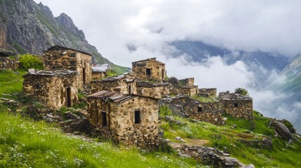 Fototapeta premium Ancient stone village nestled in lush green valley with misty mountains. Captivating blend of historical architecture and nature. Perfect for travel and adventure. Stunning landscape setting. AI
