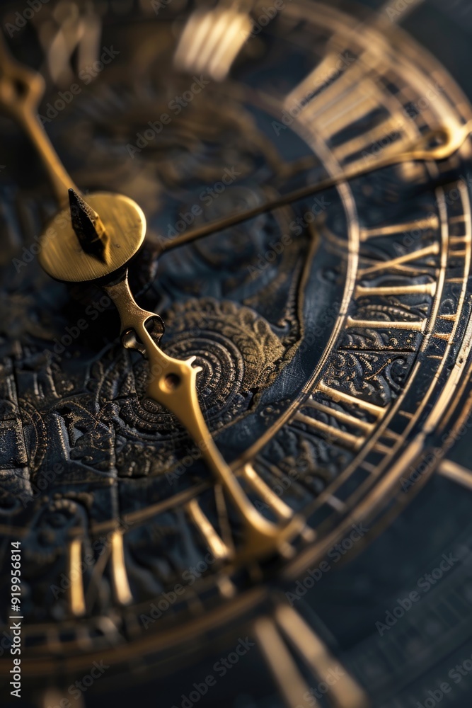 Poster A close-up shot of a clock with Roman numerals on the face, suitable for use in historical or vintage-themed designs