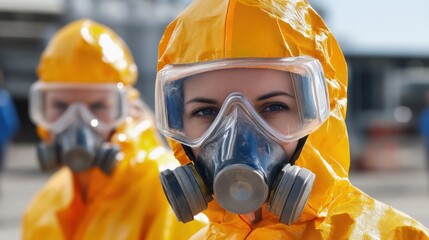 Generate a photo realistic image of workers training on chemical handling procedures, with chemical spill response training, personal protective equipment (PPE), and chemical safety signage visible