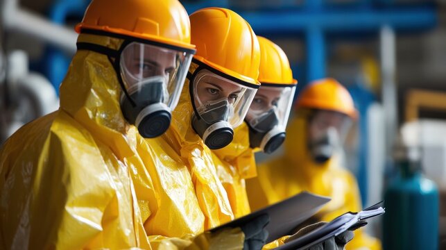 Generate a photo realistic image of workers training on chemical handling procedures, with chemical spill response training, personal protective equipment (PPE), and chemical safety signage visible