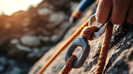 A rock climber’s close-up of their climbing carabiner and rope in action, with the carabiner’s metal shine and the rope’s texture clearly visible.


