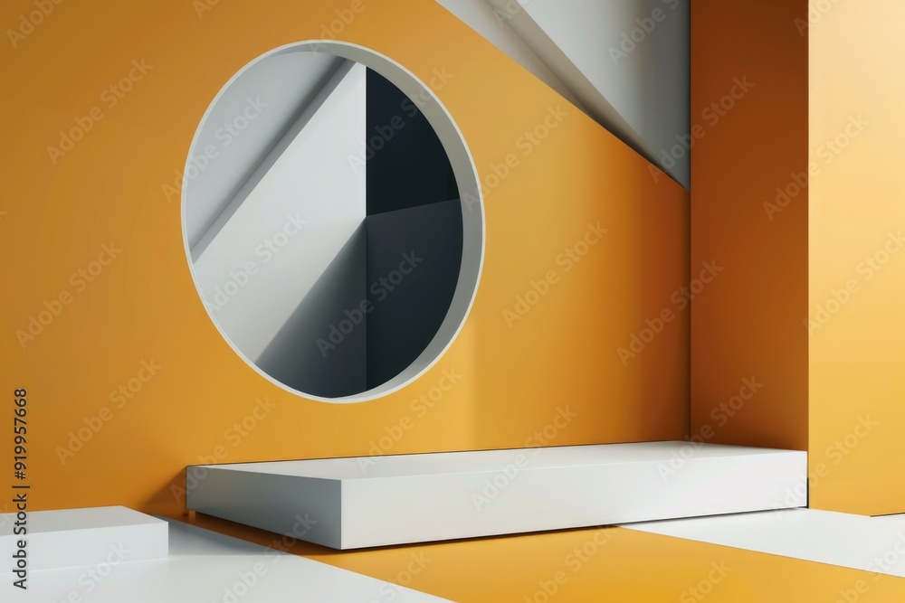Poster a round mirror sits on top of a white shelf, simple and clean design