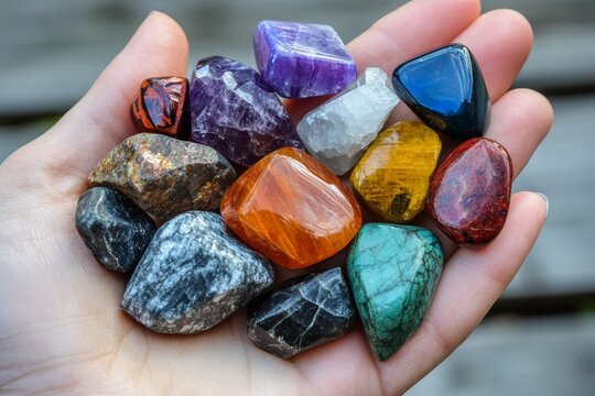 A variety of colorful Reiki crystals held in a hand, showcasing their natural beauty and energy properties