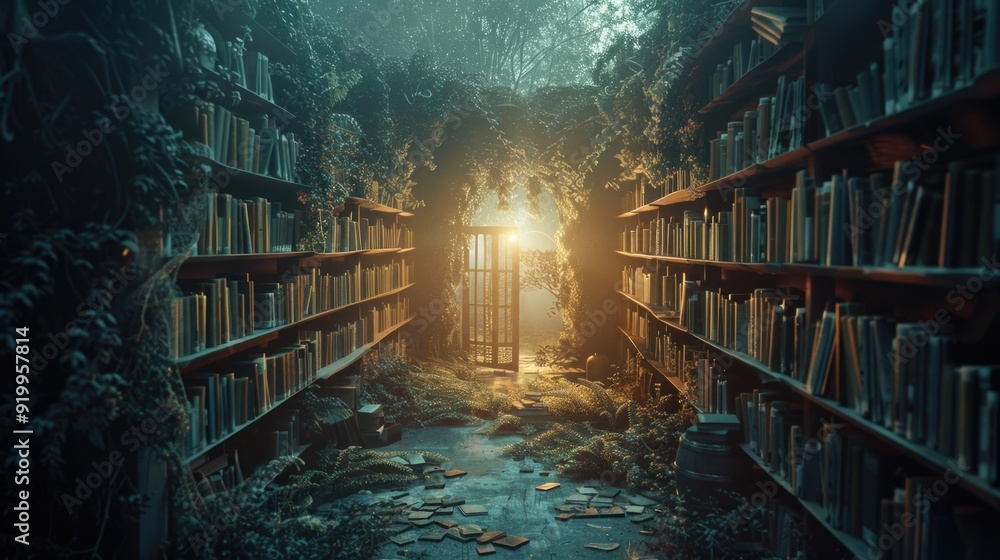 Aufkleber A bookshelf filled with lots of books placed near the edge of a forest, perfect for use as a background or prop in various settings