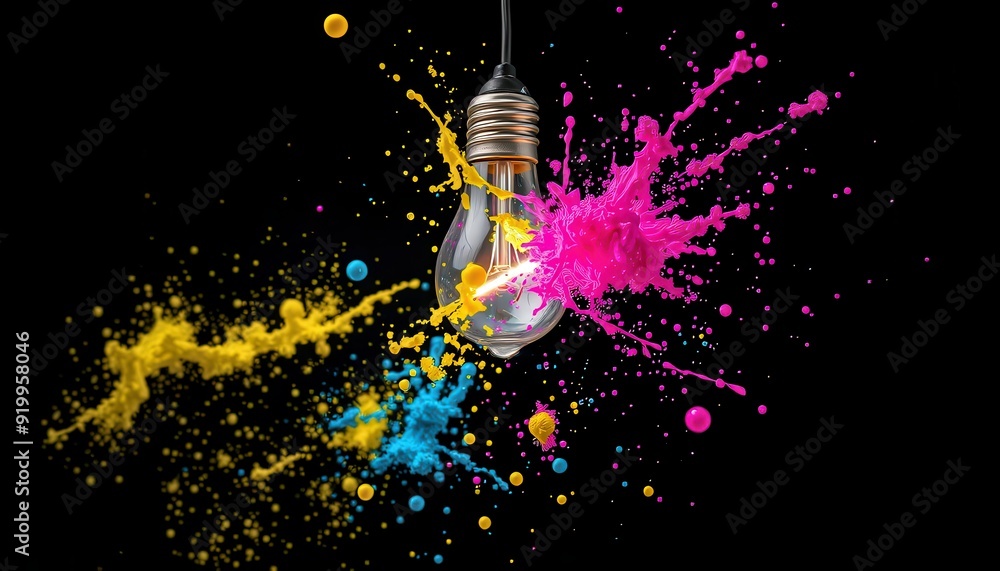 Aufkleber light bulb exploding with colorful paint splatter.