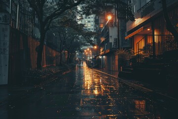 A wet city street at night with lights on, perfect for nighttime scenes or urban settings