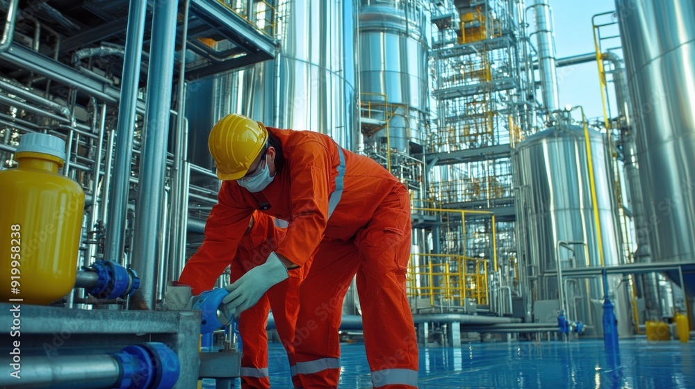 Wall mural generate a photo realistic image of workers receiving training on handling hazardous chemicals, with
