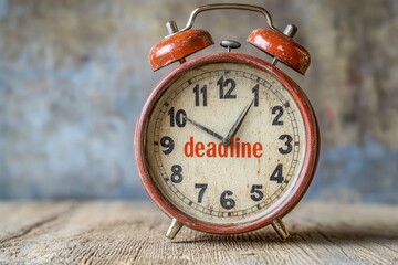 A rustic red alarm clock with "deadline" on its face stands on a wooden surface against a blurred, textured background. The weathered appearance emphasizes the urgency and pressure of deadlines