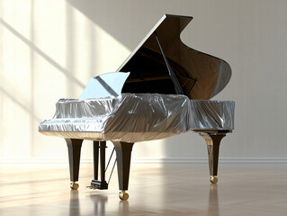 Grand piano covered in plastic wrap in a well-lit modern room. Ready for transport.