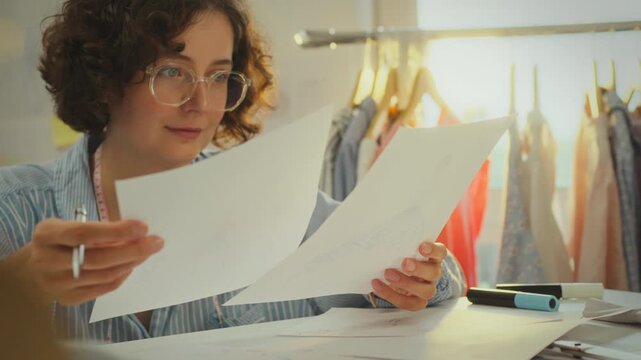 Craftsman. Master fashion designer designs silhouettes considers different ideas in the showroom. Designer brainstorms search for solutions tracks fashion trends, illustrator