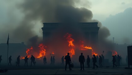 People Walking Past Fire In The City.