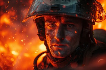Close-up portrait of a firefighter with a helmet, face covered in sweat and soot, surrounded by flames and sparks.