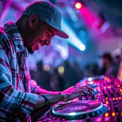 Professional happy DJ mixing tracks in a vibrant club, viewed from the side. Perfect for...