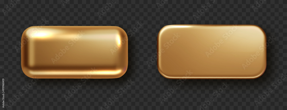 Poster gold rectangle button isolated. golden design for empty emblem. glossy golden metallic shape. 3d rea