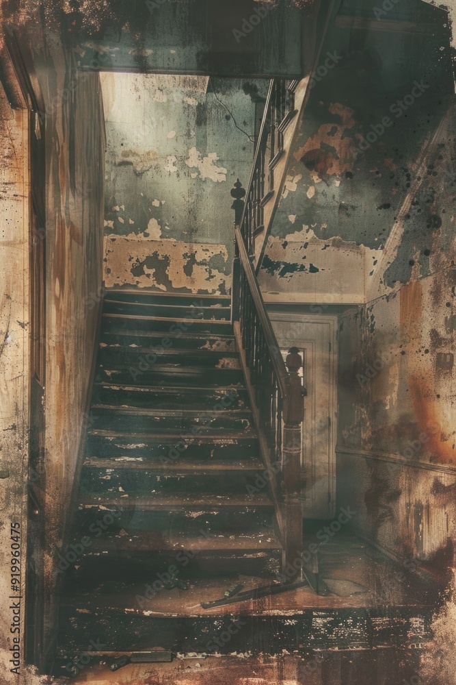 Poster a worn-out staircase leading up to a neglected building, suitable for use in architecture or urban e