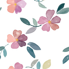 Digital seamless pattern simulating watercolor, with a motif of flowers and leaves in soft tones, with a white background