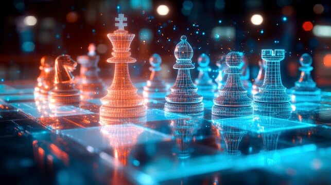 A digital chessboard with holographic pieces symbolizing AI in business strategy.