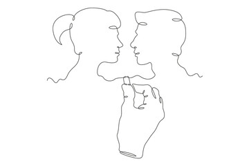 Hand draws a couple in love with chalk. Man looks at woman. Female and male profile. Lovers.One continuous line. Line art. Minimum one line. White background. One line drawing.