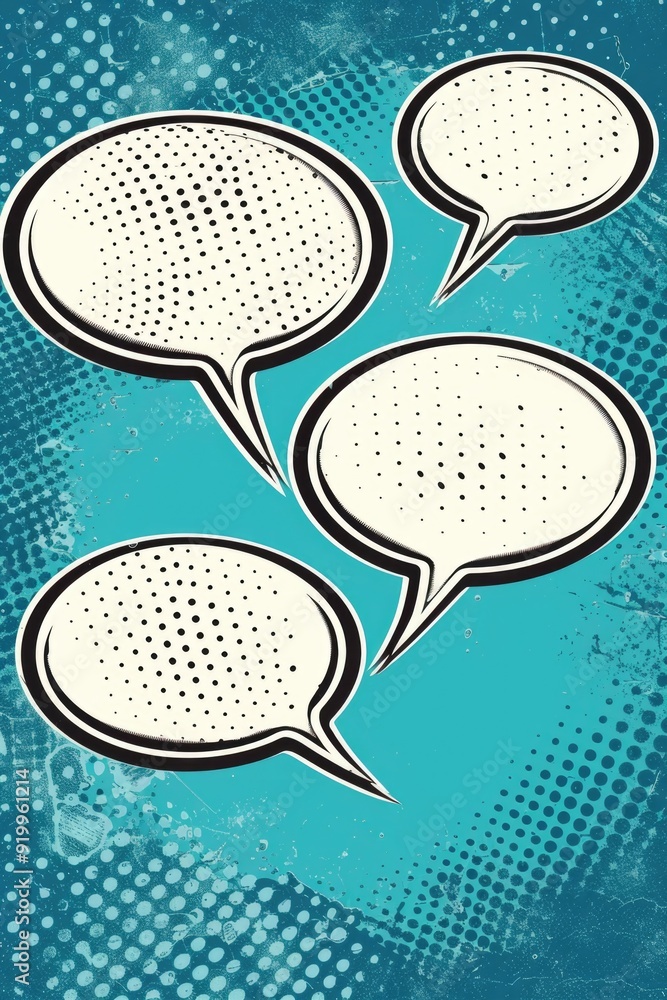 Sticker A collection of colorful speech bubbles on a bright blue background