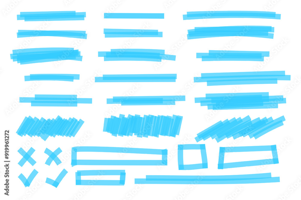 Fototapete set of blue highlight marker lines, frames, cross and checkmark signs. different hand-drawn pen or b