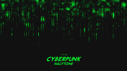 Fototapeta premium Abstract vector green cyberpunk halftone sound wave. Scrathed dotted texture element.