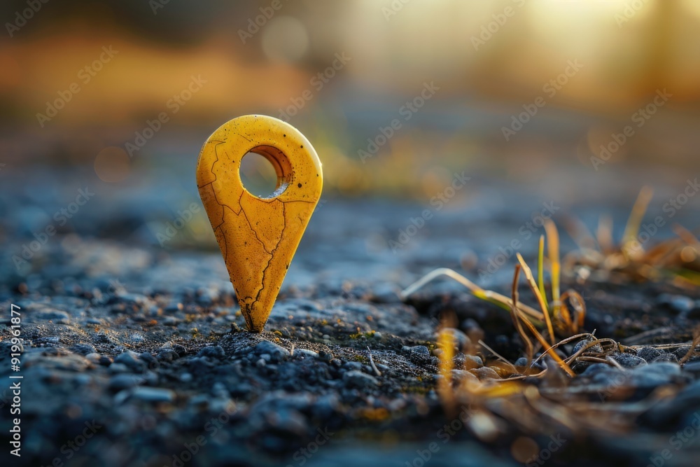Poster a yellow pin sits in the middle of a dirt field, ready to mark a location