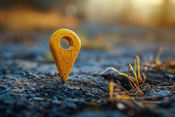 A yellow pin sits in the middle of a dirt field, ready to mark a location