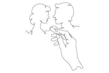 Hand draws a couple in love with chalk. Man looks at woman. Female and male profile. Lovers.One continuous line. Line art. Minimum one line. White background. One line drawing.