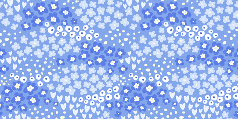 Seamless pattern with different flowers in the meadow. Summer bloom monochrome ornament. Vector graphics.