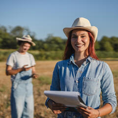 Portrait of young woman farmer stand in the field with clipboard