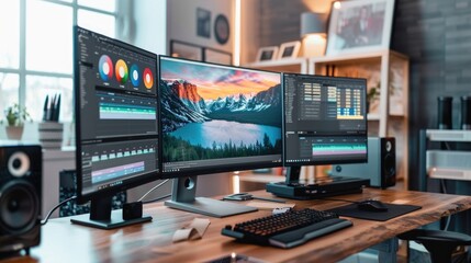 Naklejka premium Two computer monitors and a keyboard on a modern office desk