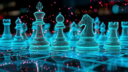 A digital chessboard with holographic pieces symbolizing AI in business strategy.