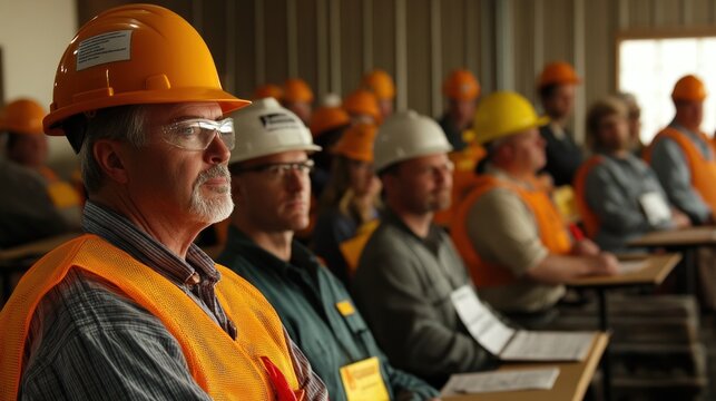 Generate a photo realistic image of workers participating in hazard communication training, with hazard labels, safety data sheets, and communication training materials visible