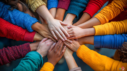 Diverse group of people are joining hands in unity, symbolizing teamwork and support