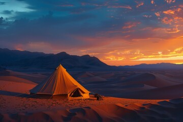 Yellow tent in a desert at sunset. Adventure and camping concept. Wilderness exploration
