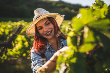 Young woman farmer work and analysis grape leaf in the vineyard